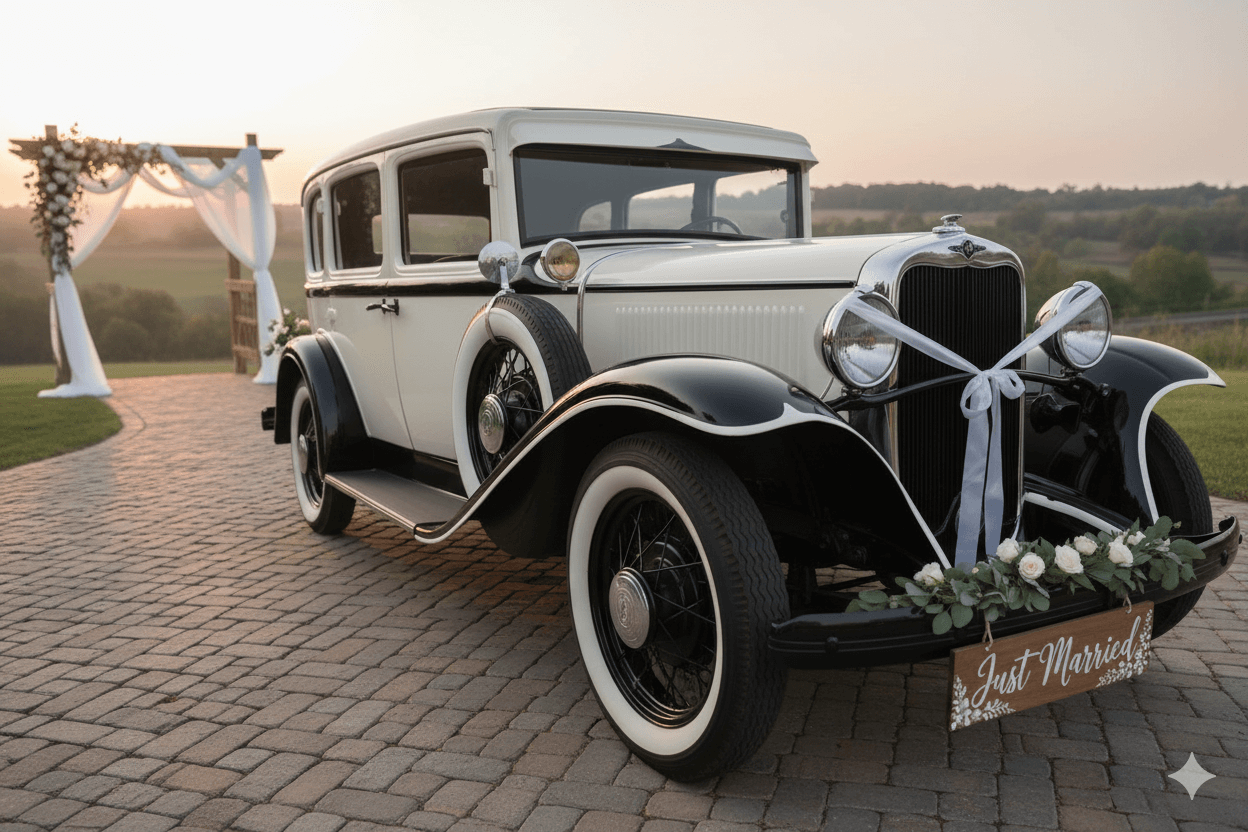 Just Married vintage Dodge limousine at sunset wedding venue — Classic Car Limousines Virginia