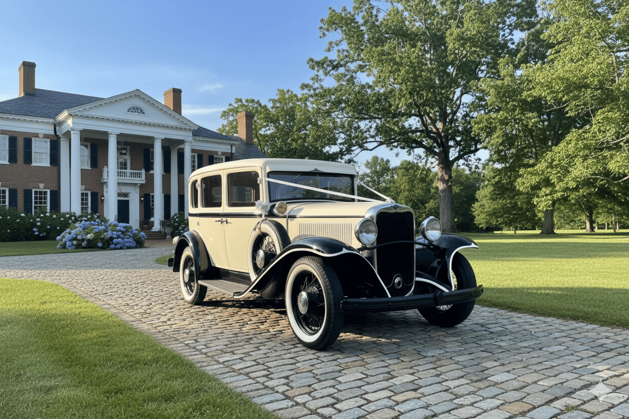 Vintage Dodge classic limousine at Virginia estate wedding venue — Classic Car Limousines